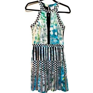 Parker Selita Black Blue Green & White Geometric Print Dress size M
